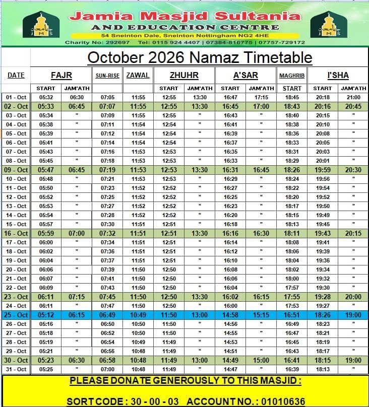 Timetable published by Jamia Masjid Sultania for October 2026