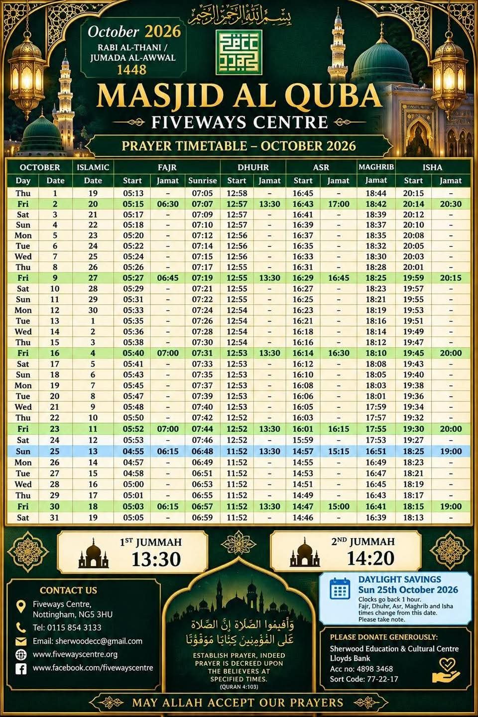 Timetable published by Masjid Al Quba (Fiveways) for October 2026