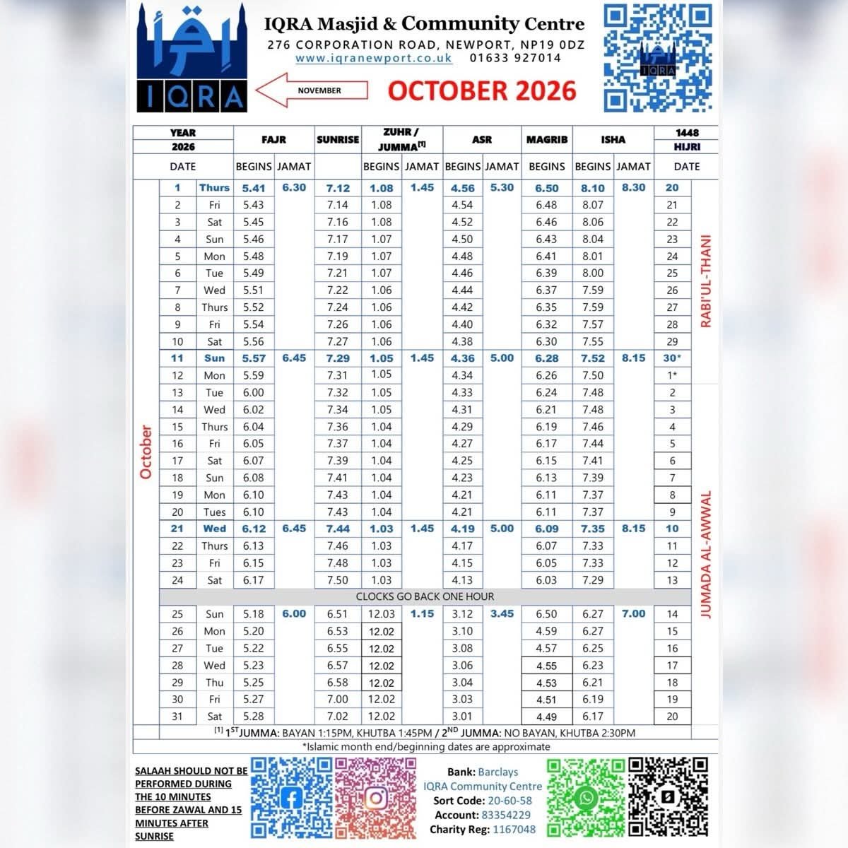 Timetable published by Iqra Masjid & Community Centre for October 2026