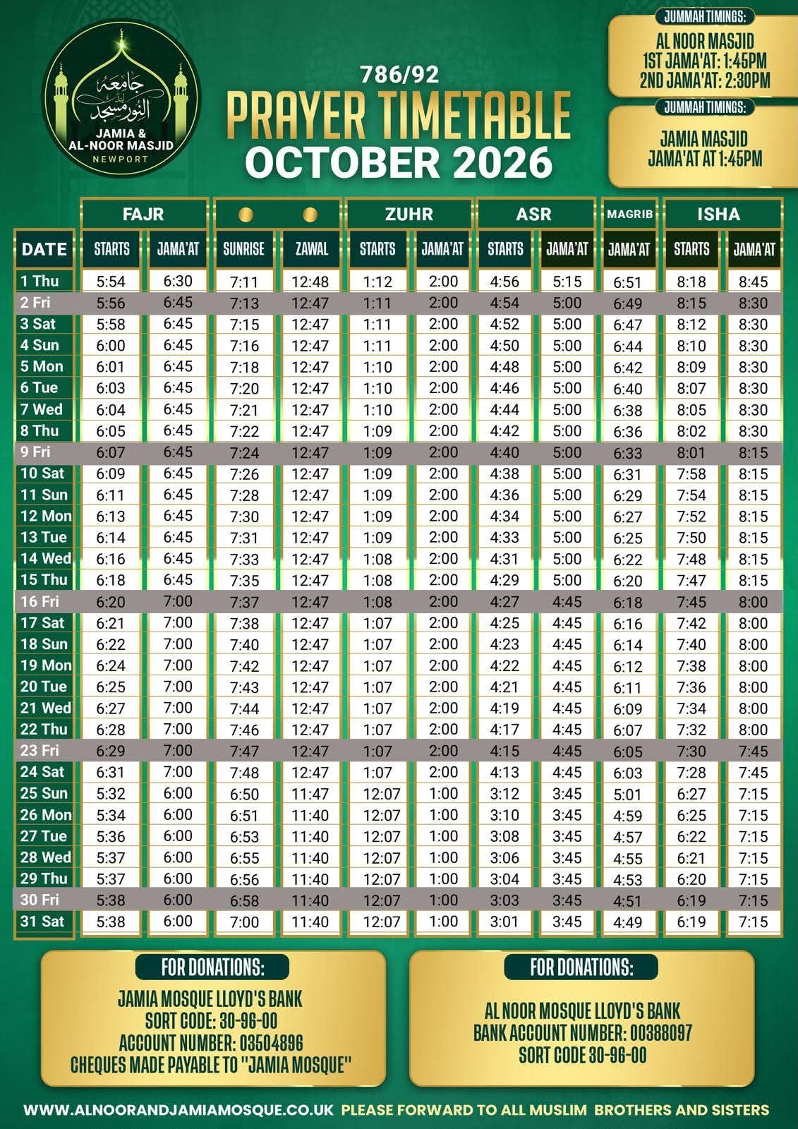 Timetable published by Jamia Masjid for October 2026