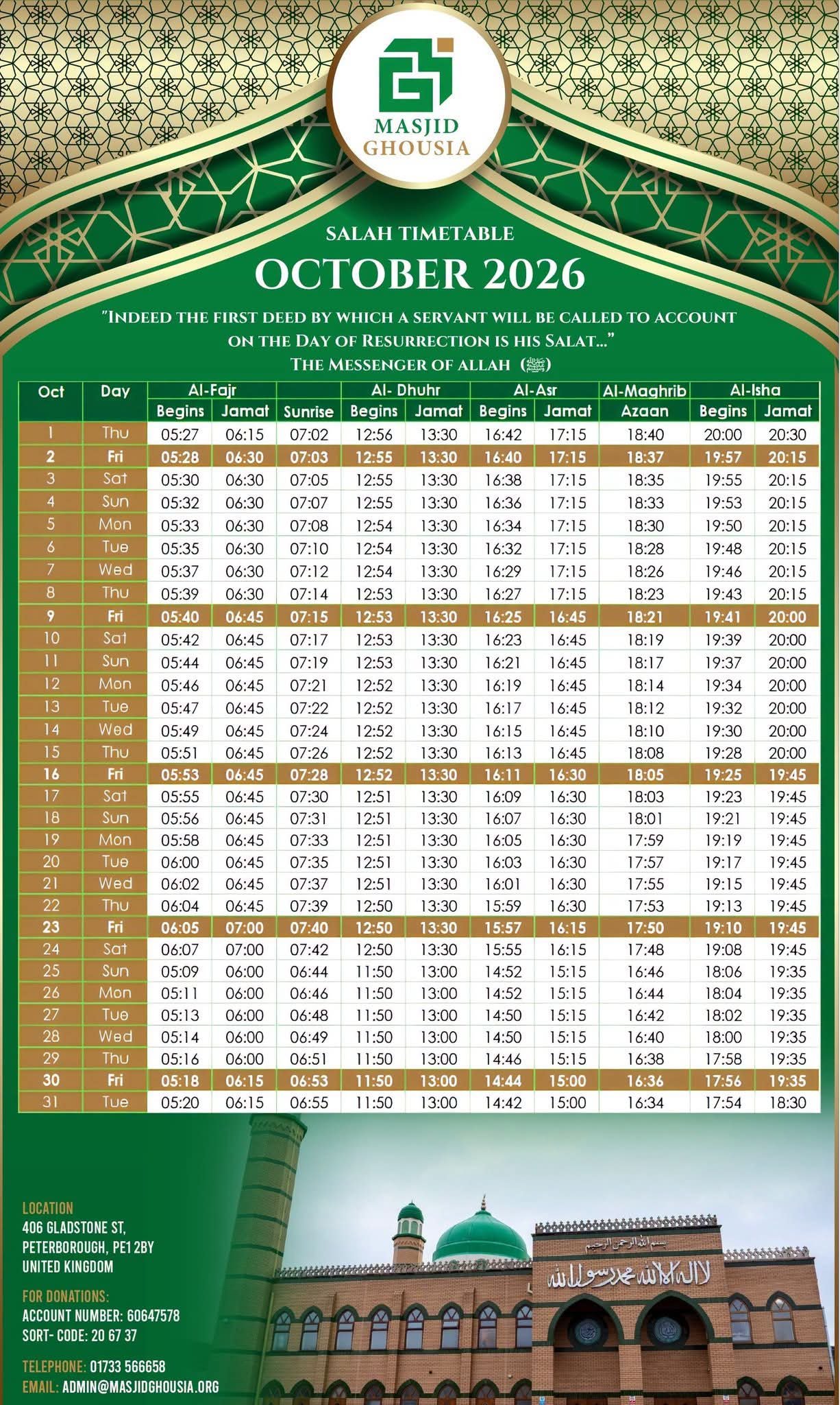 Timetable published by Ghousia Mosque for October 2026
