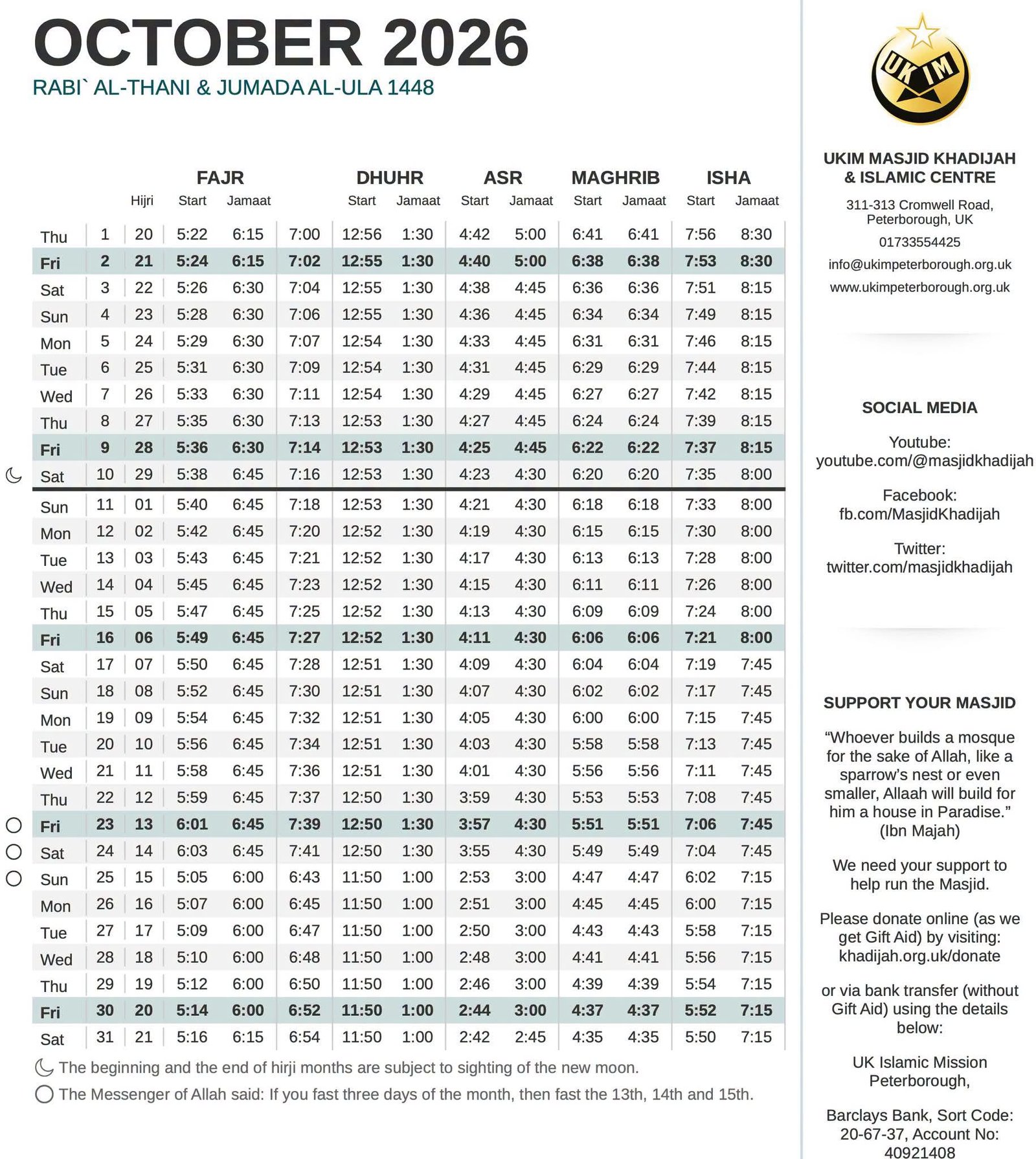 Timetable published by Khadijah Mosque for October 2026