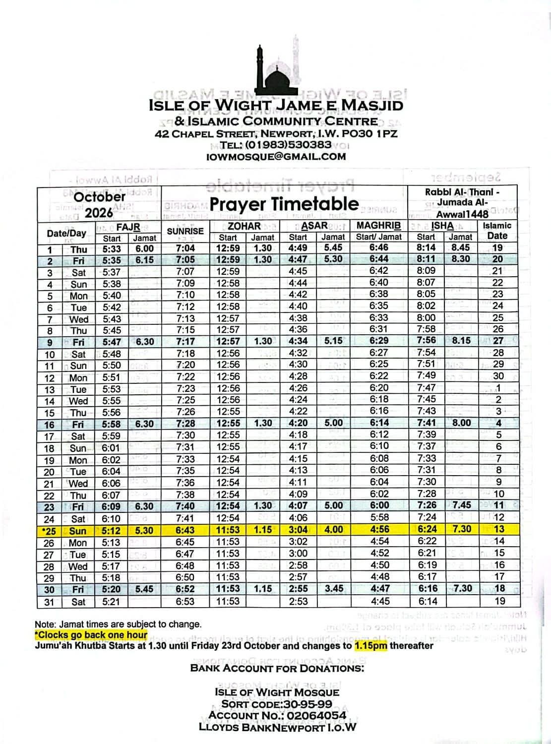Timetable published by Isle Of Wight Jami Mosque Islamic Community Centre for October 2026