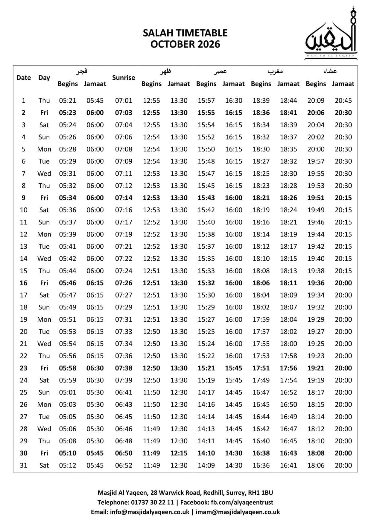 Timetable published by Masjid Al Yaqeen for October 2026