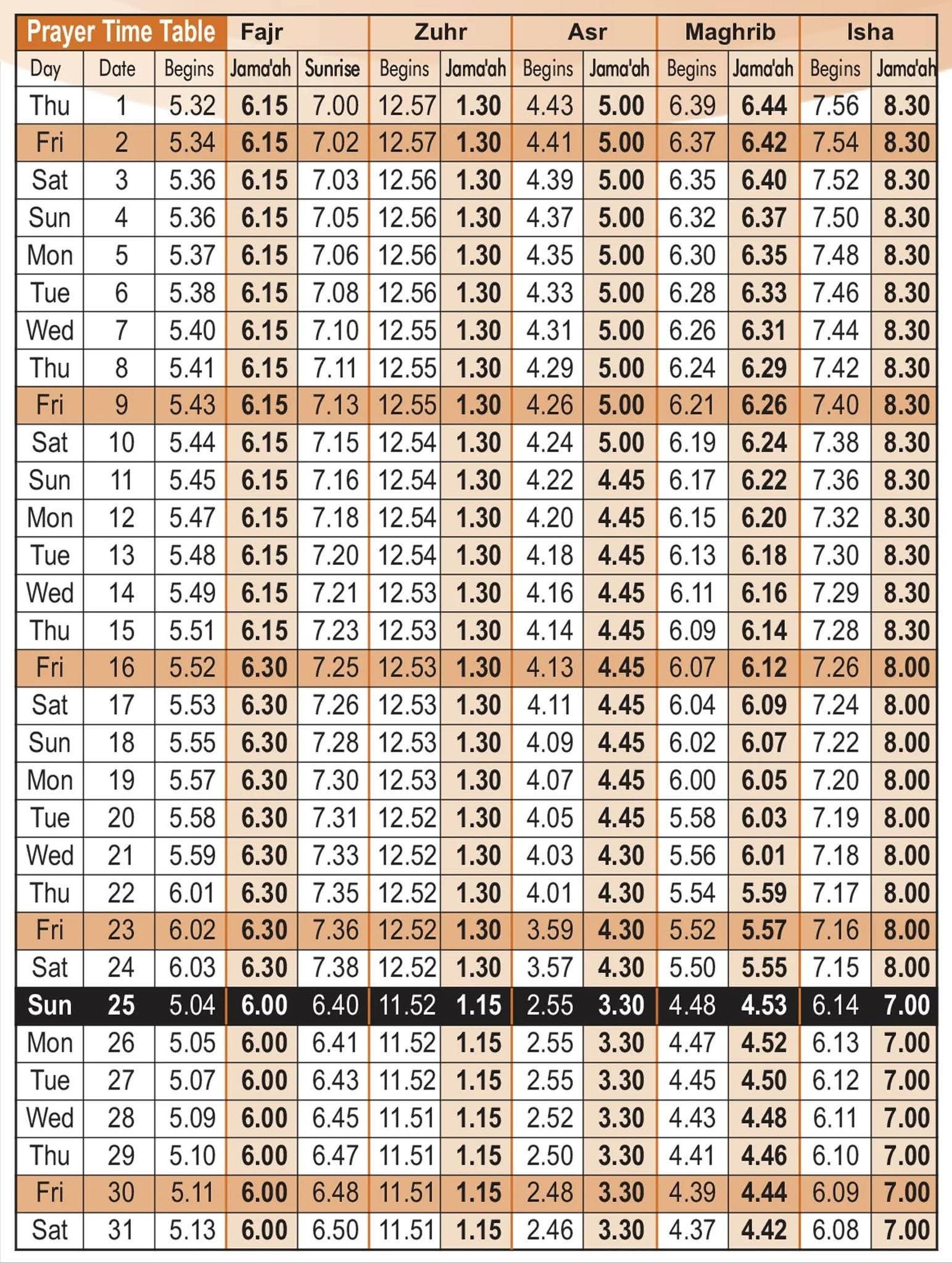 Timetable published by Mid Sussex Islamic Centre for October 2026