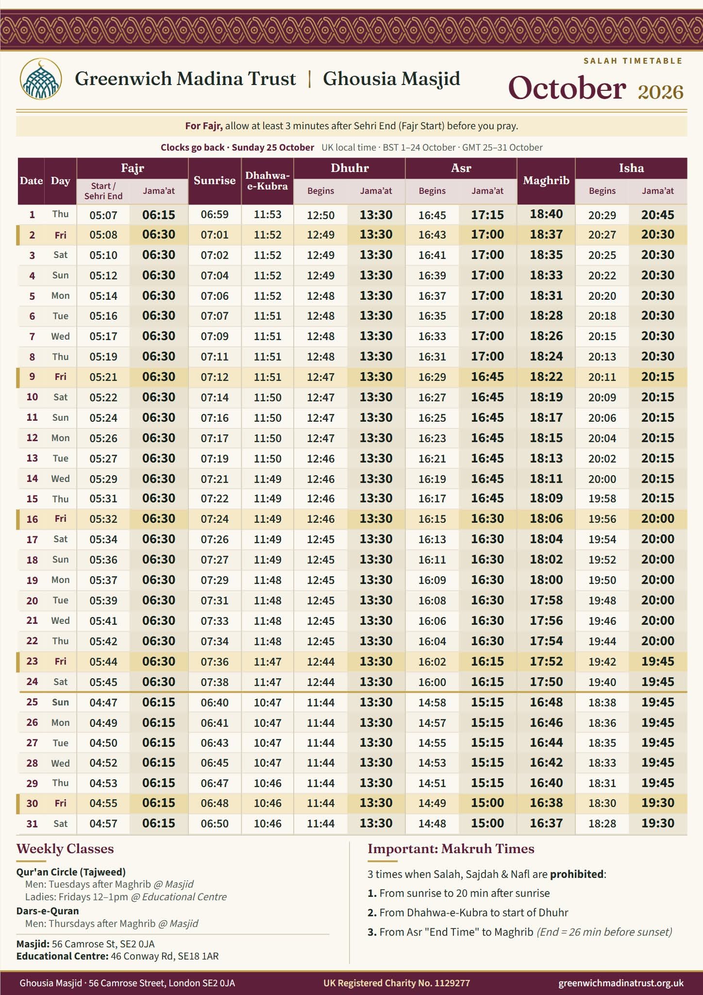 Timetable published by Greenwich Medina Trust for October 2026