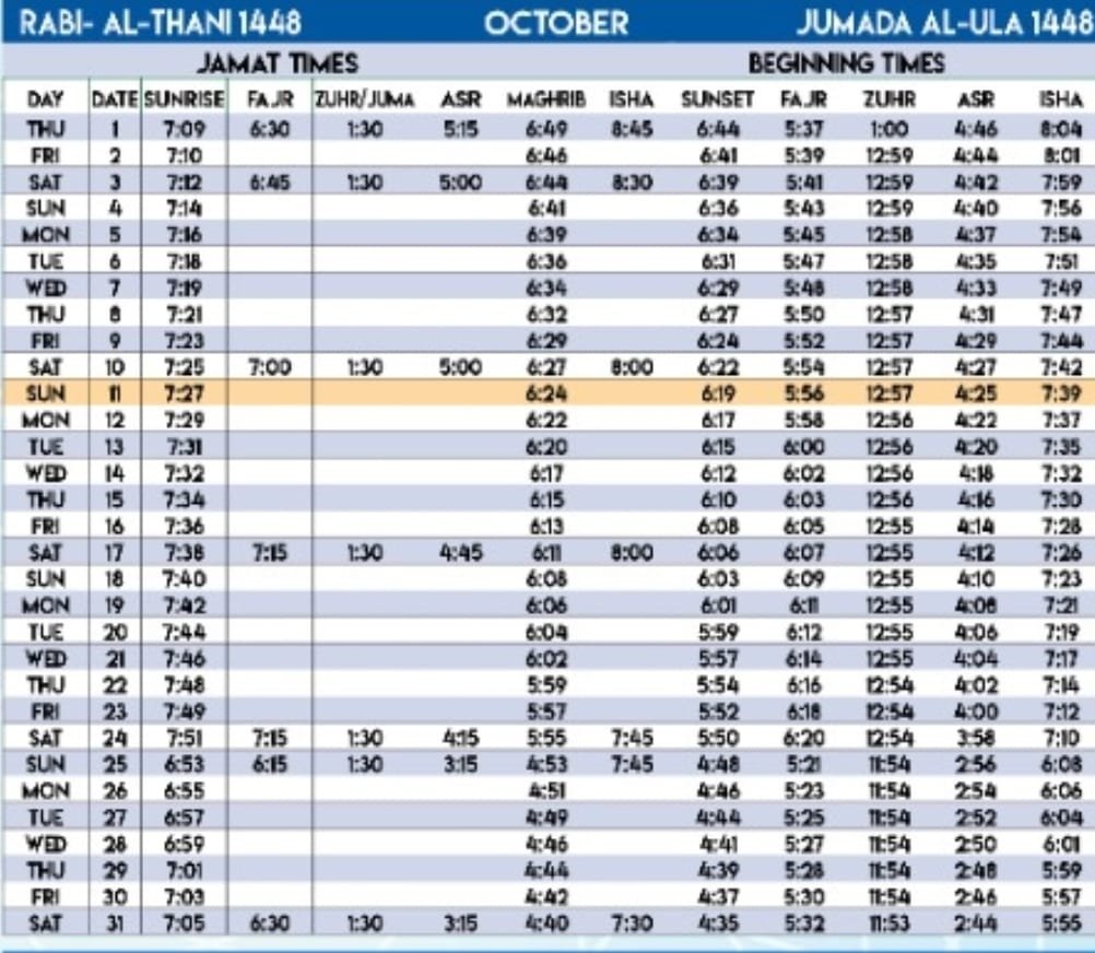 Timetable published by Jamia Madni [Off Killinghall] for October 2026
