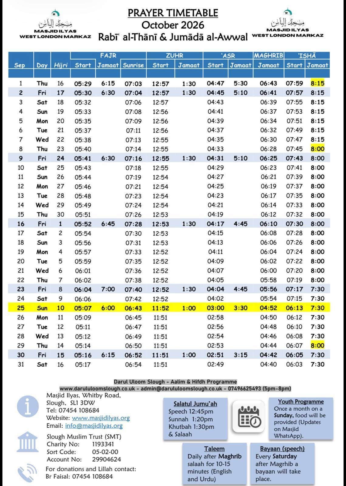 Timetable published by Masjid Ilyas (West London Markaz) for October 2026