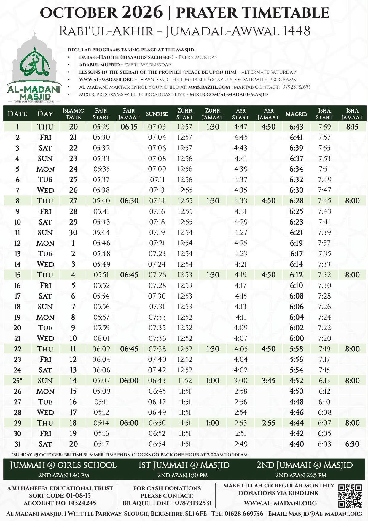 Timetable published by Al-Madani Masjid for October 2026
