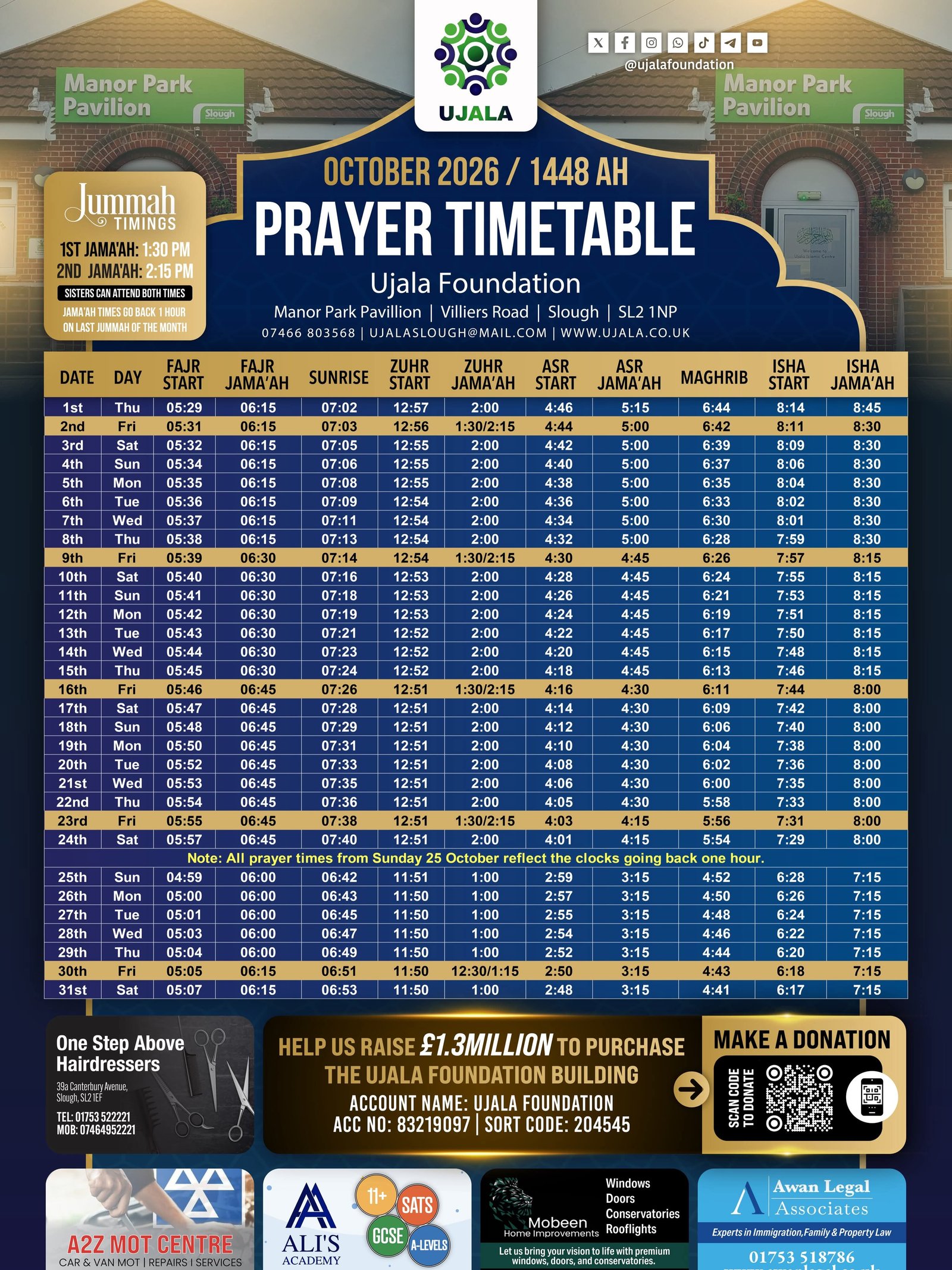 Timetable published by Ujala Foundation for October 2026