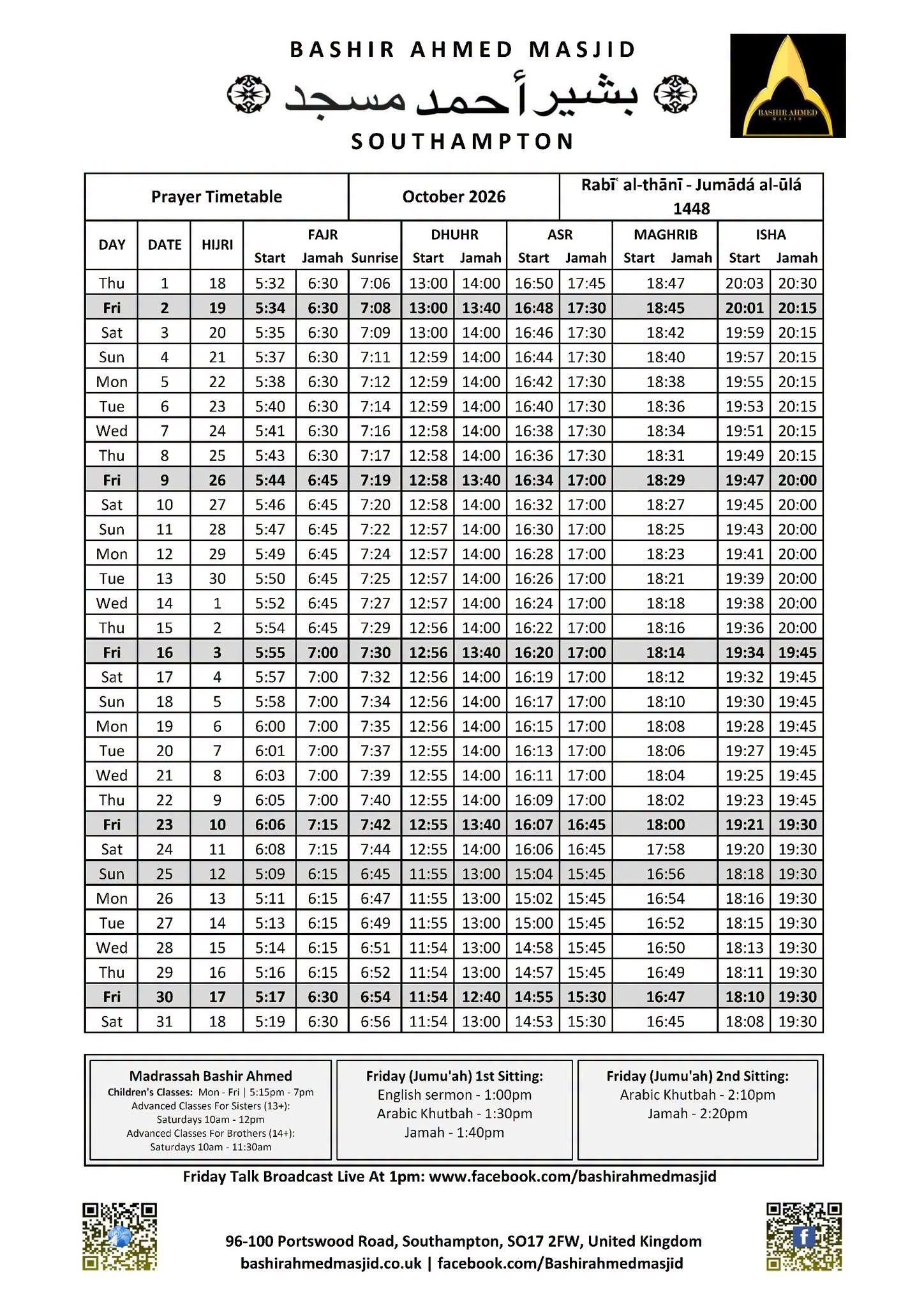 Timetable published by Bashir Ahmed Masjid for October 2026