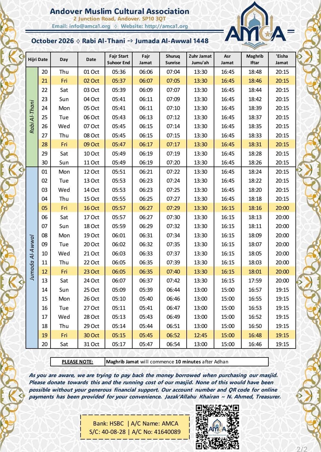 Timetable published by Andover Muslim Cultural Association for October 2026