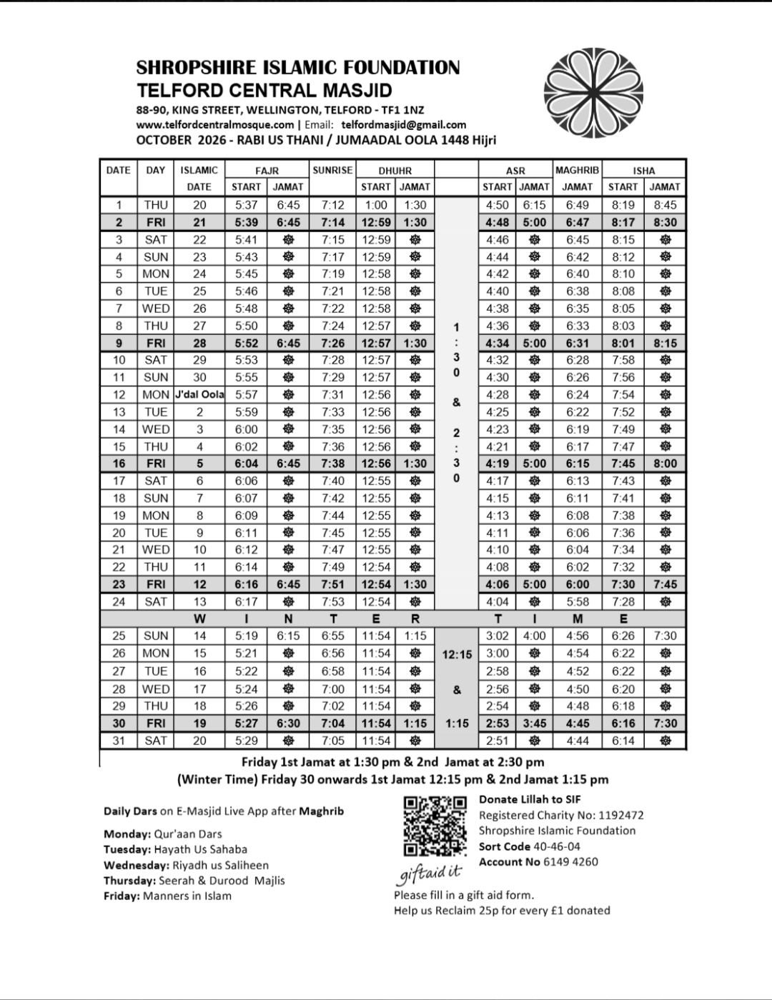 Timetable published by Telford Central Masjid for October 2026