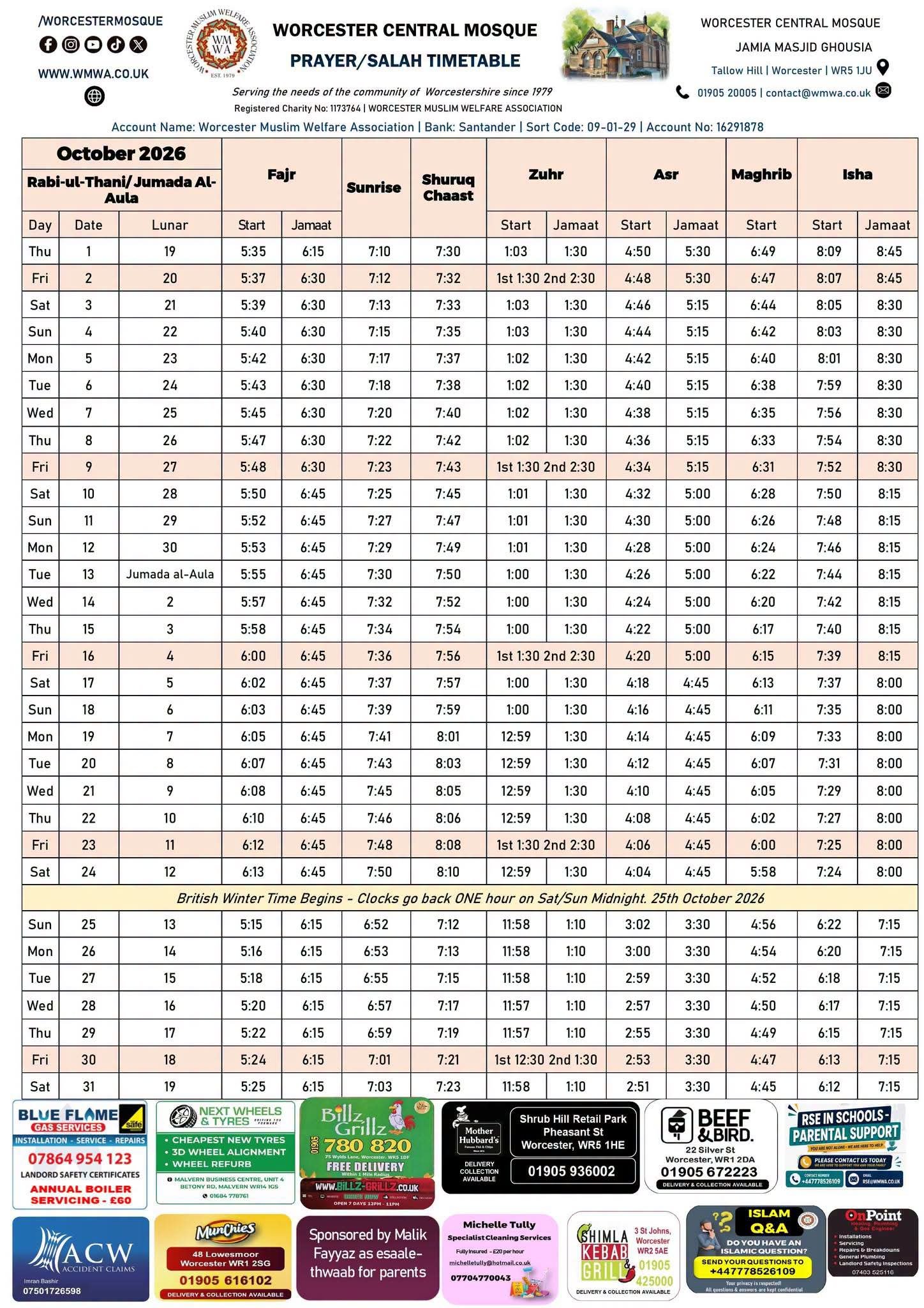 Timetable published by Worcester Central Mosque for October 2026