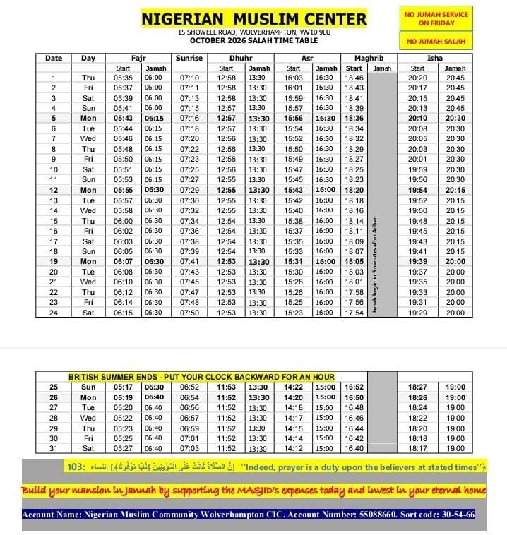 Timetable published by Nigerian Muslim Centre for October 2026