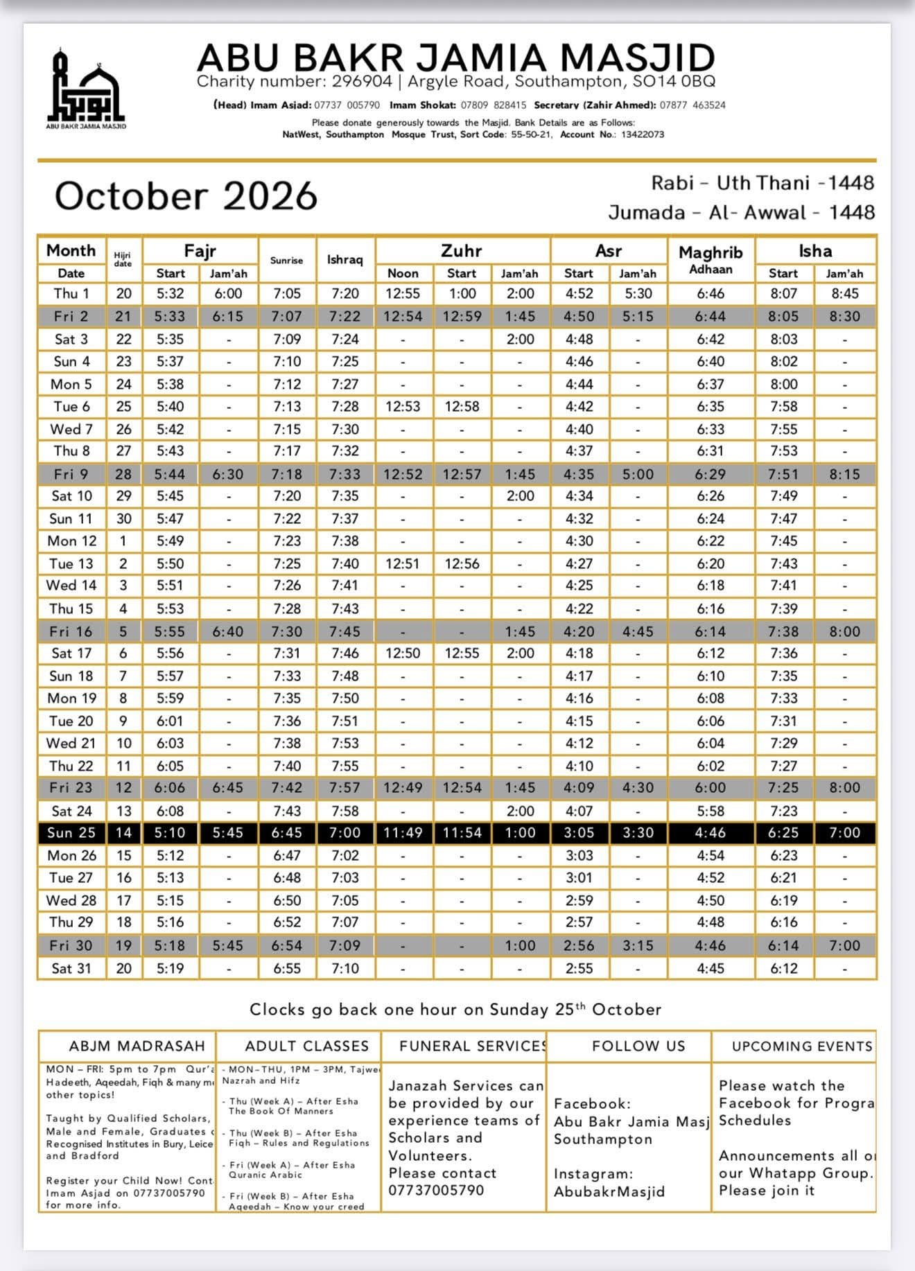 Timetable published by Abu Bakr Jamia Masjid for October 2026