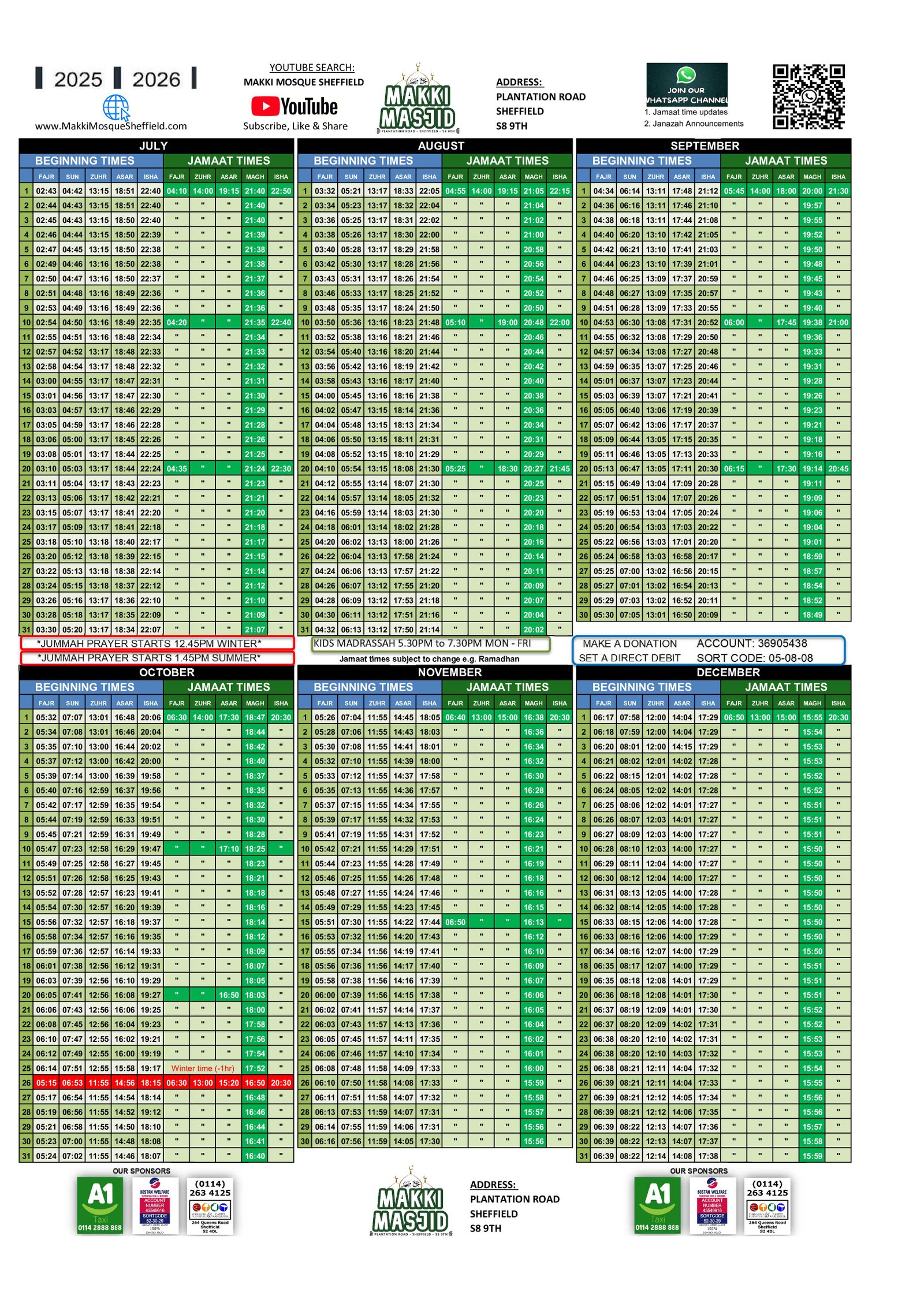 Timetable published by Makki Mosque for October 2026
