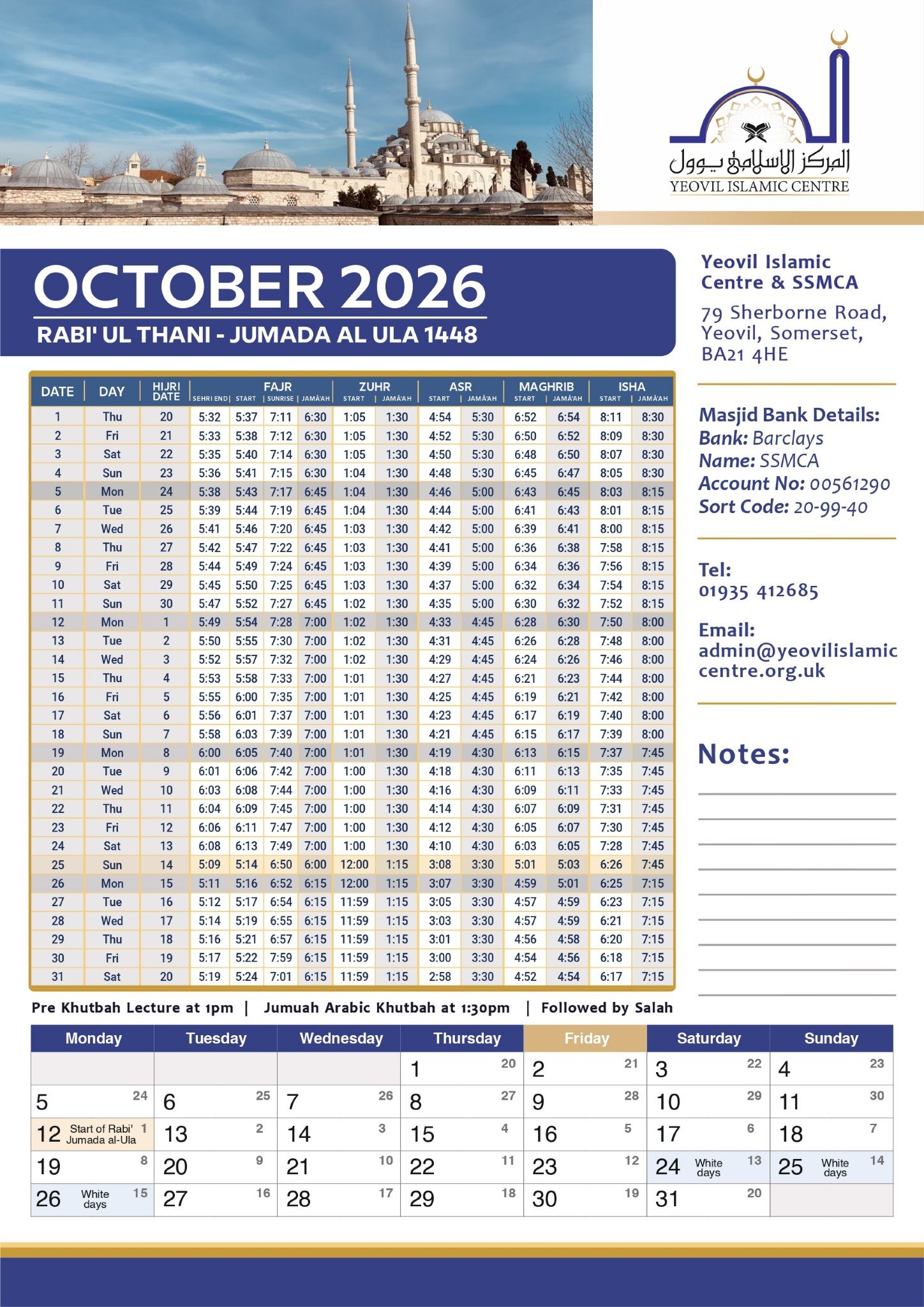 Timetable published by Yeovil Islamic Centre (SSMCA) for October 2026