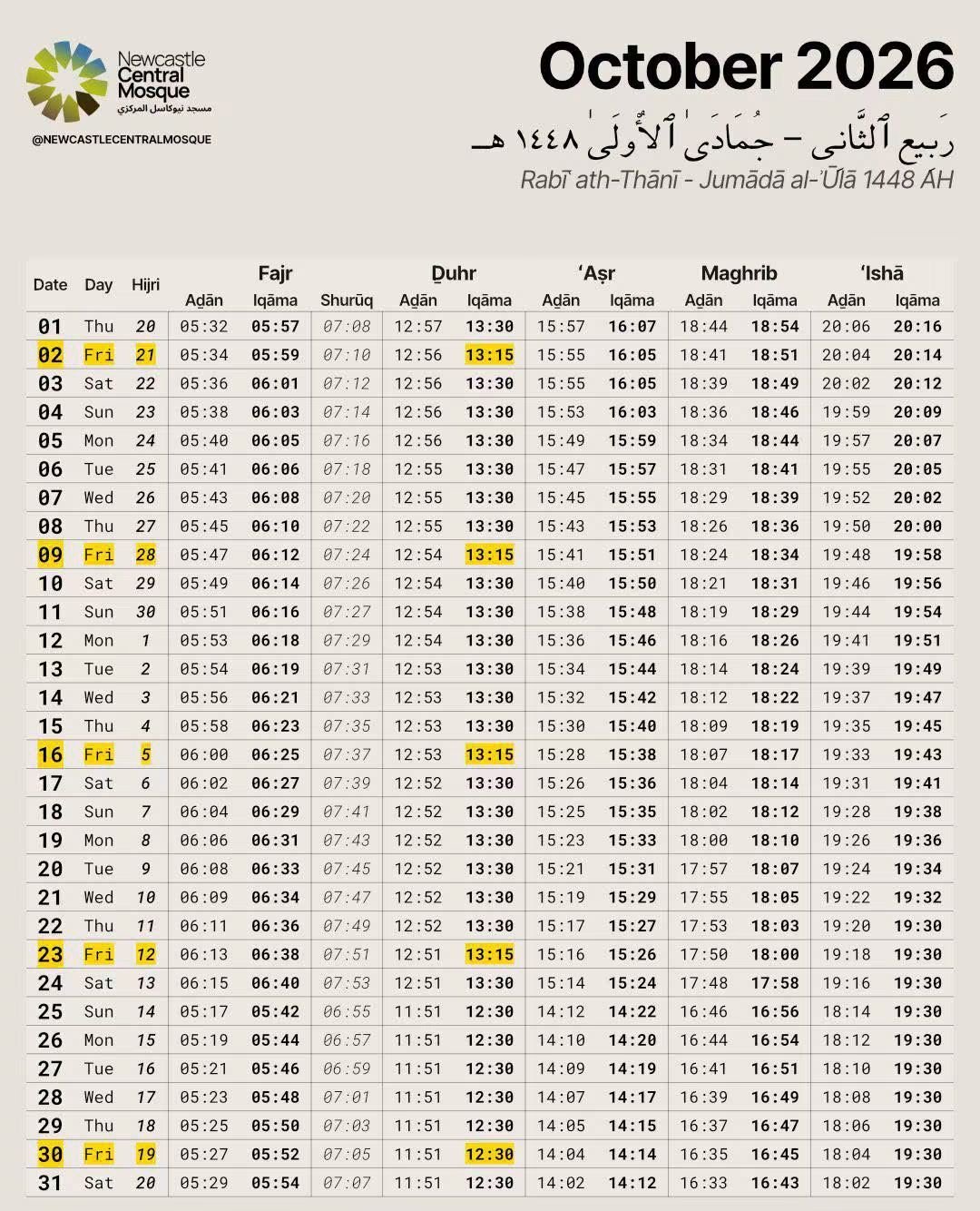 Timetable published by Newcastle Central Mosque for October 2026