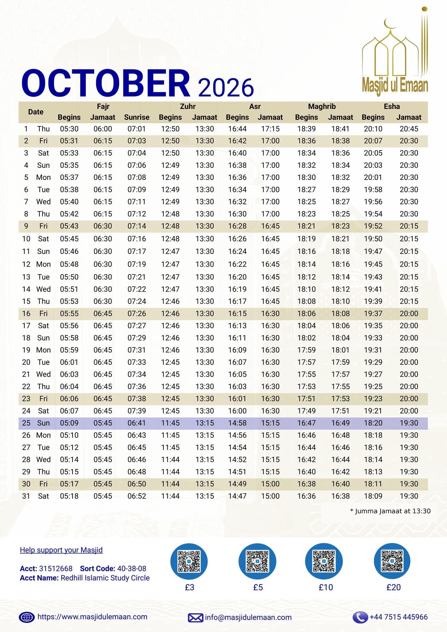 Timetable published by Masjid ul Emaan for October 2026