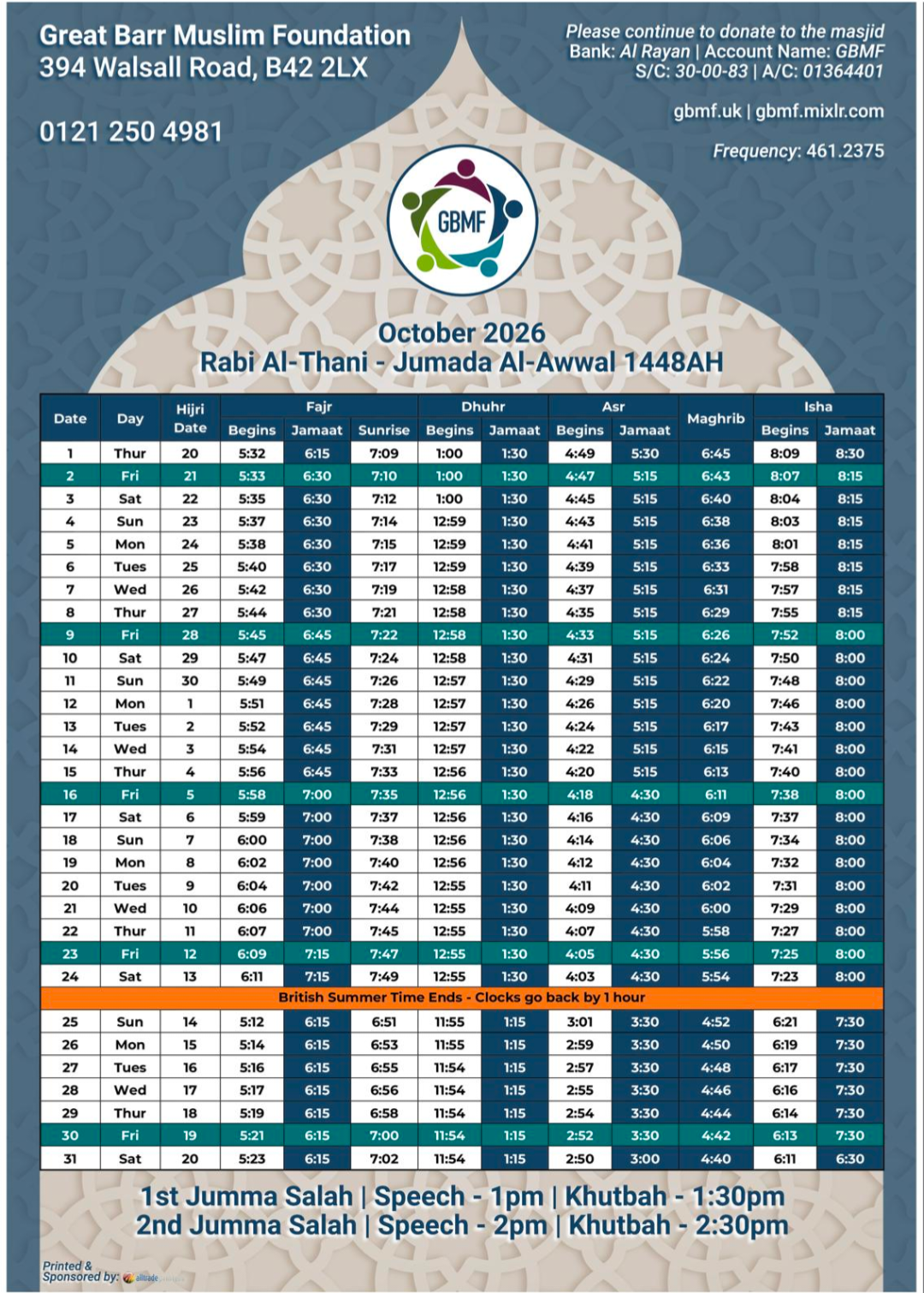 Timetable published by Great Barr Muslim Foundation for October 2026
