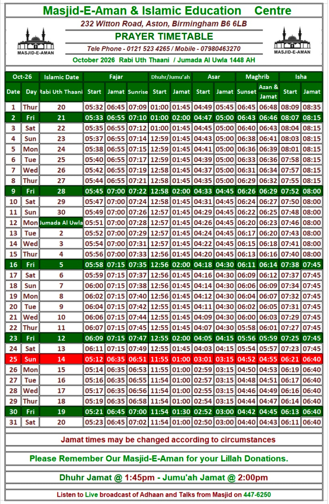 Timetable published by Masjid-e-Aman for October 2026