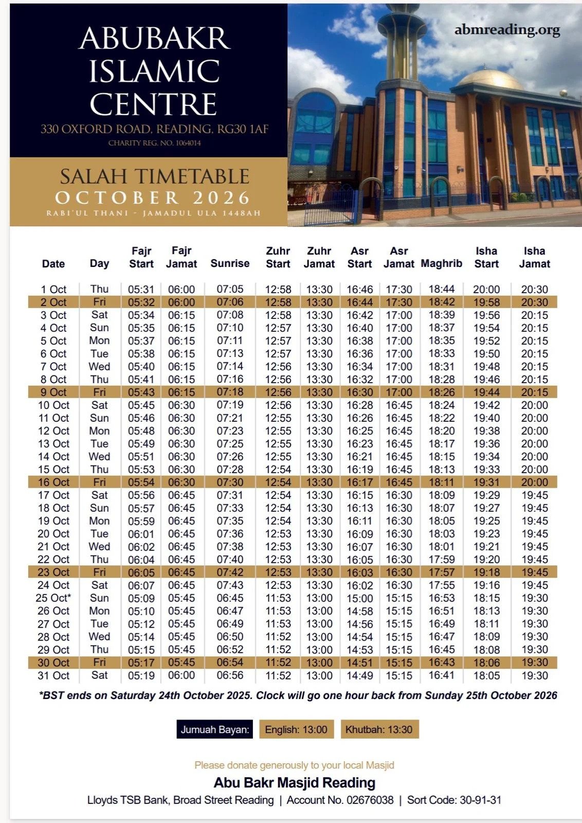 Timetable published by Abu Bakr Islamic Centre for October 2026