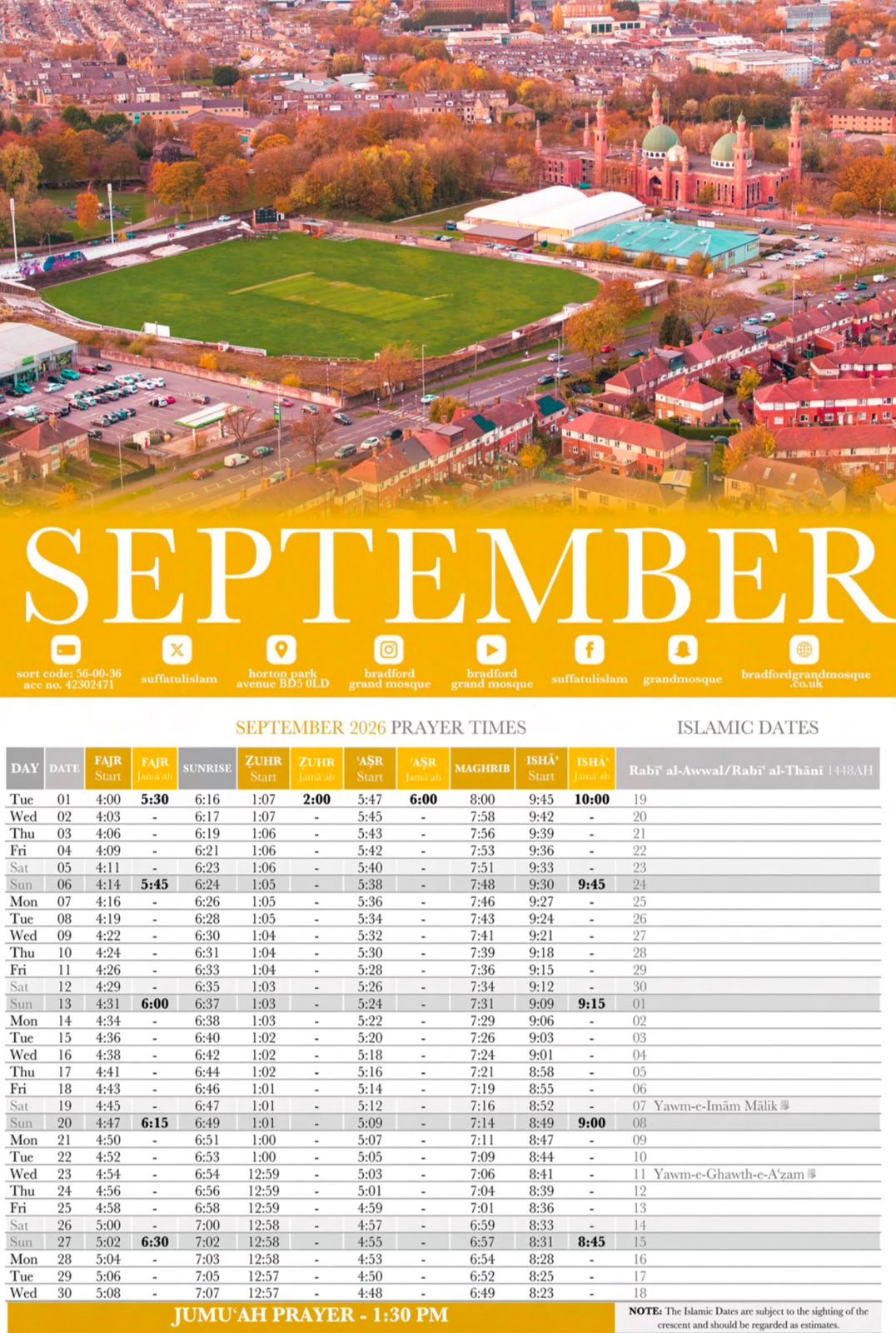 Timetable published by Al-Jamia Suffa-Tul-Islam Grand Mosque for September 2026