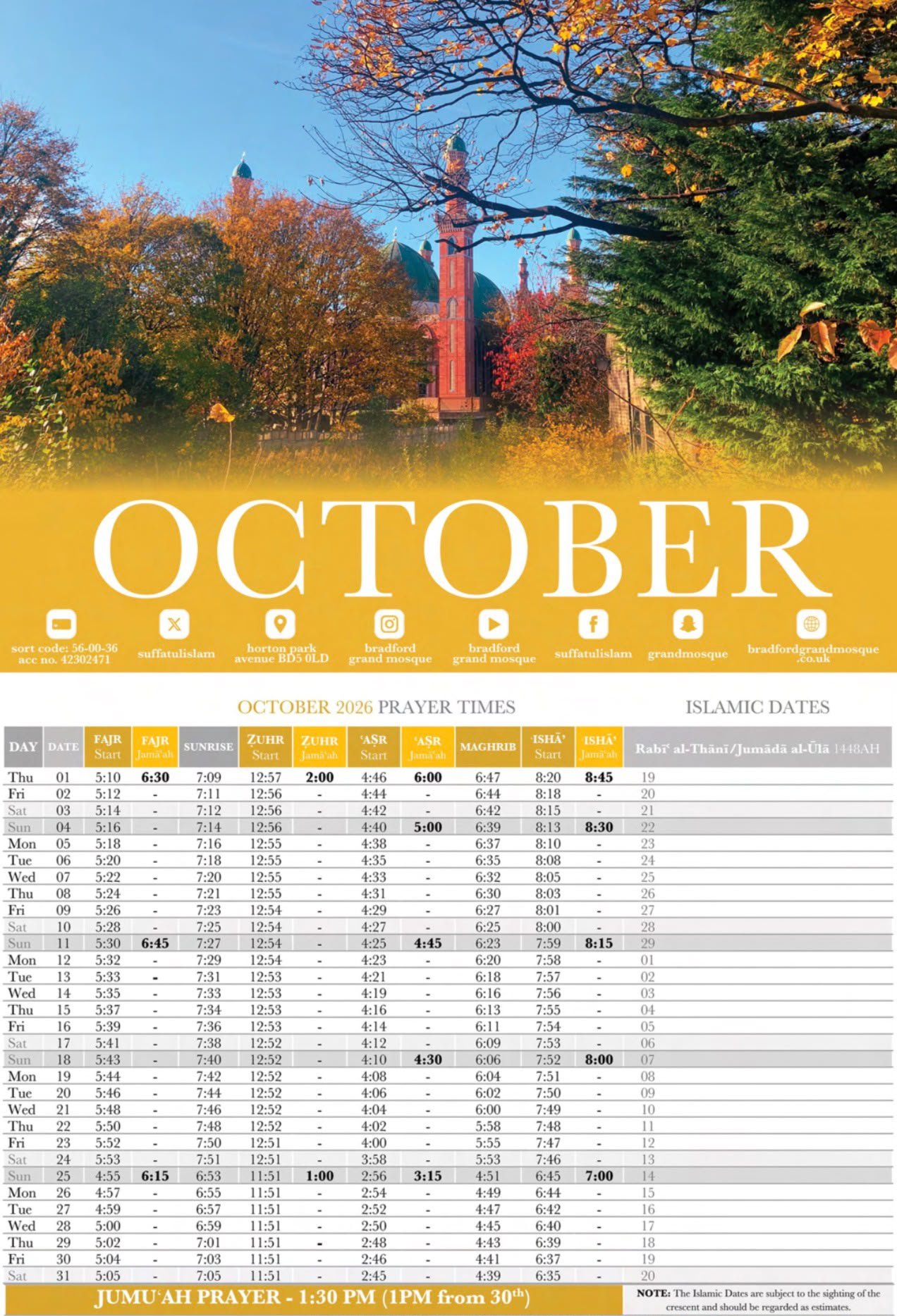 Timetable published by Al-Jamia Suffa-Tul-Islam Grand Mosque for October 2026