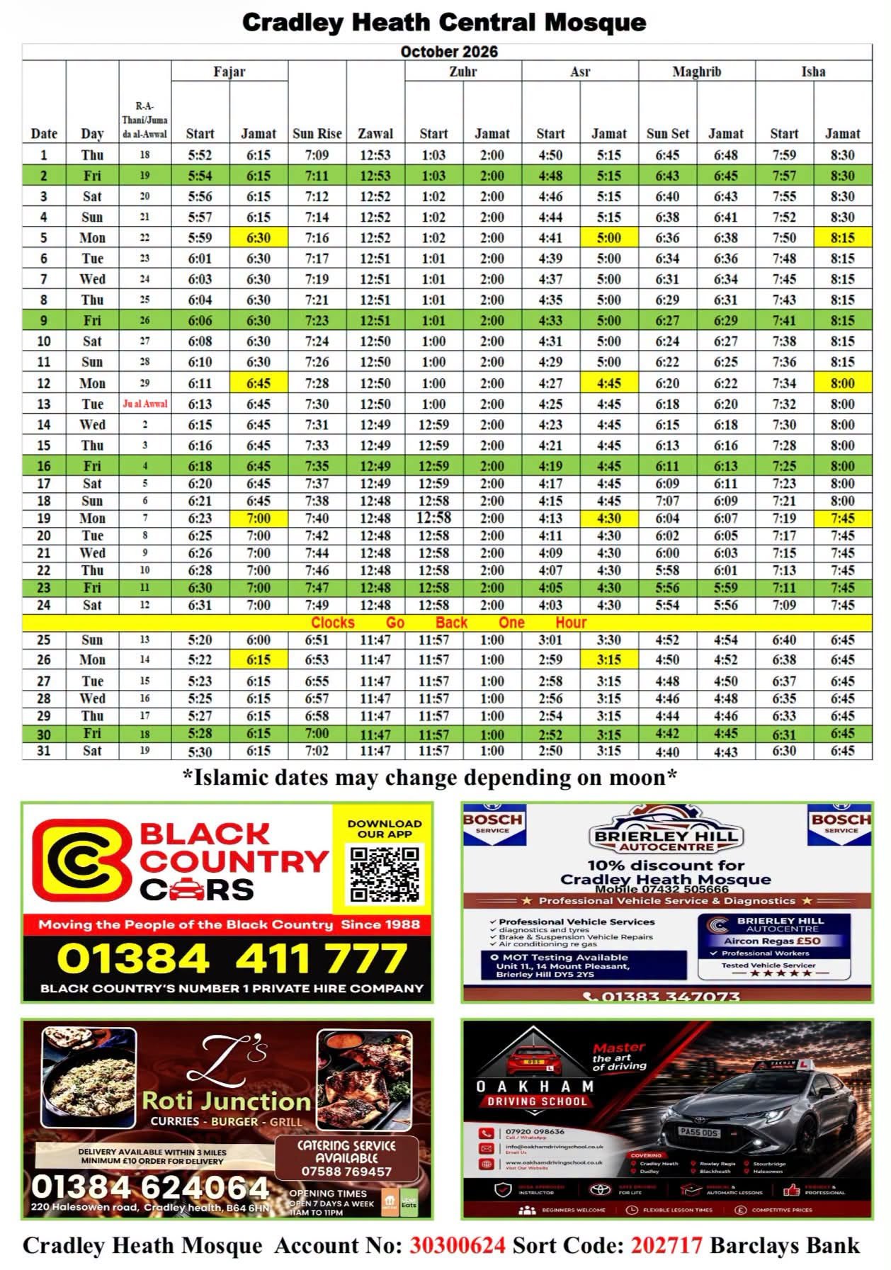 Timetable published by Cradley Heath Mosque for October 2026