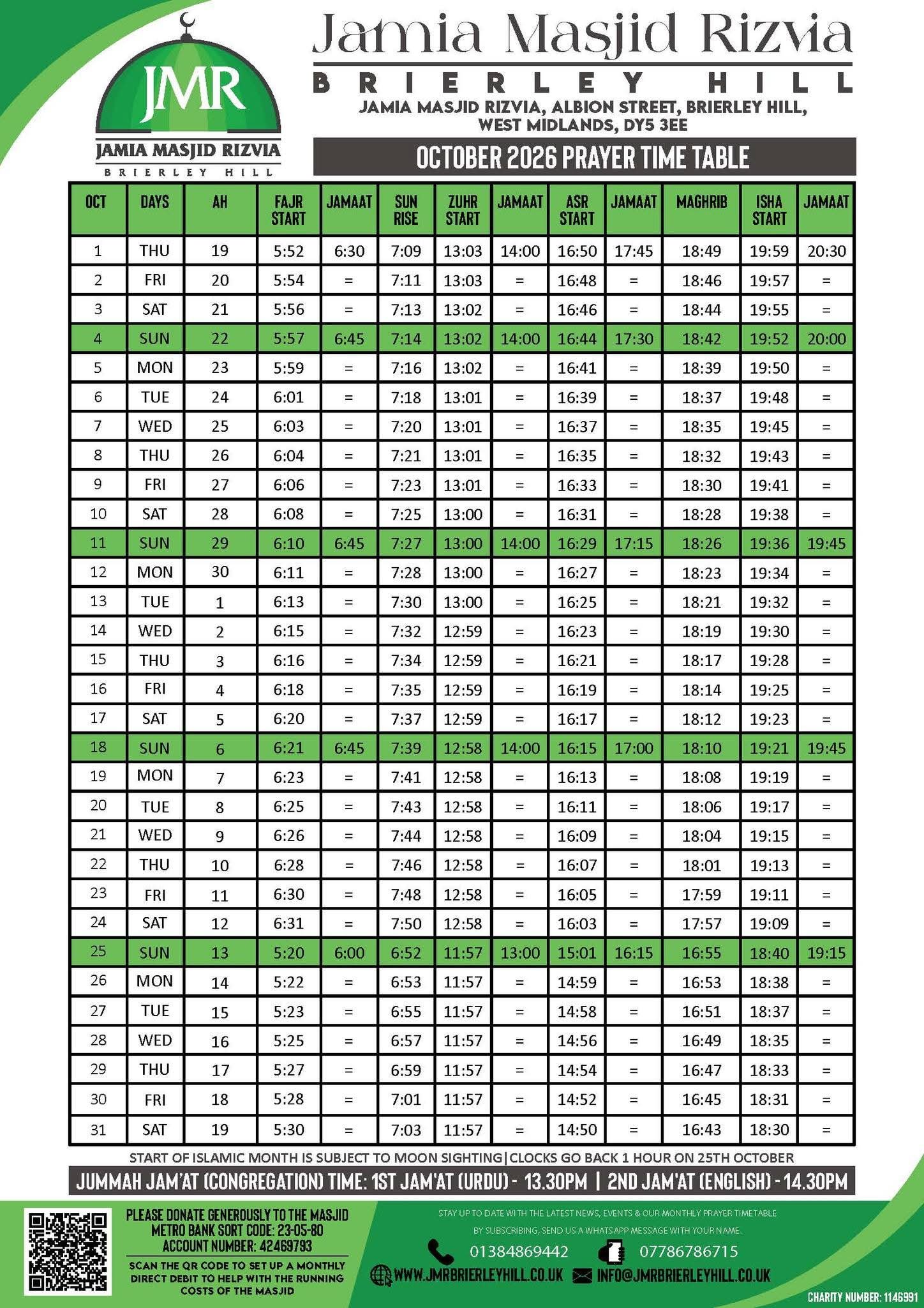 Timetable published by Jamia Masjid Rizvia for October 2026