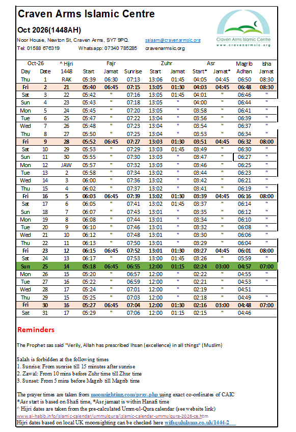 Timetable published by Craven Arms Islamic Centre for October 2026
