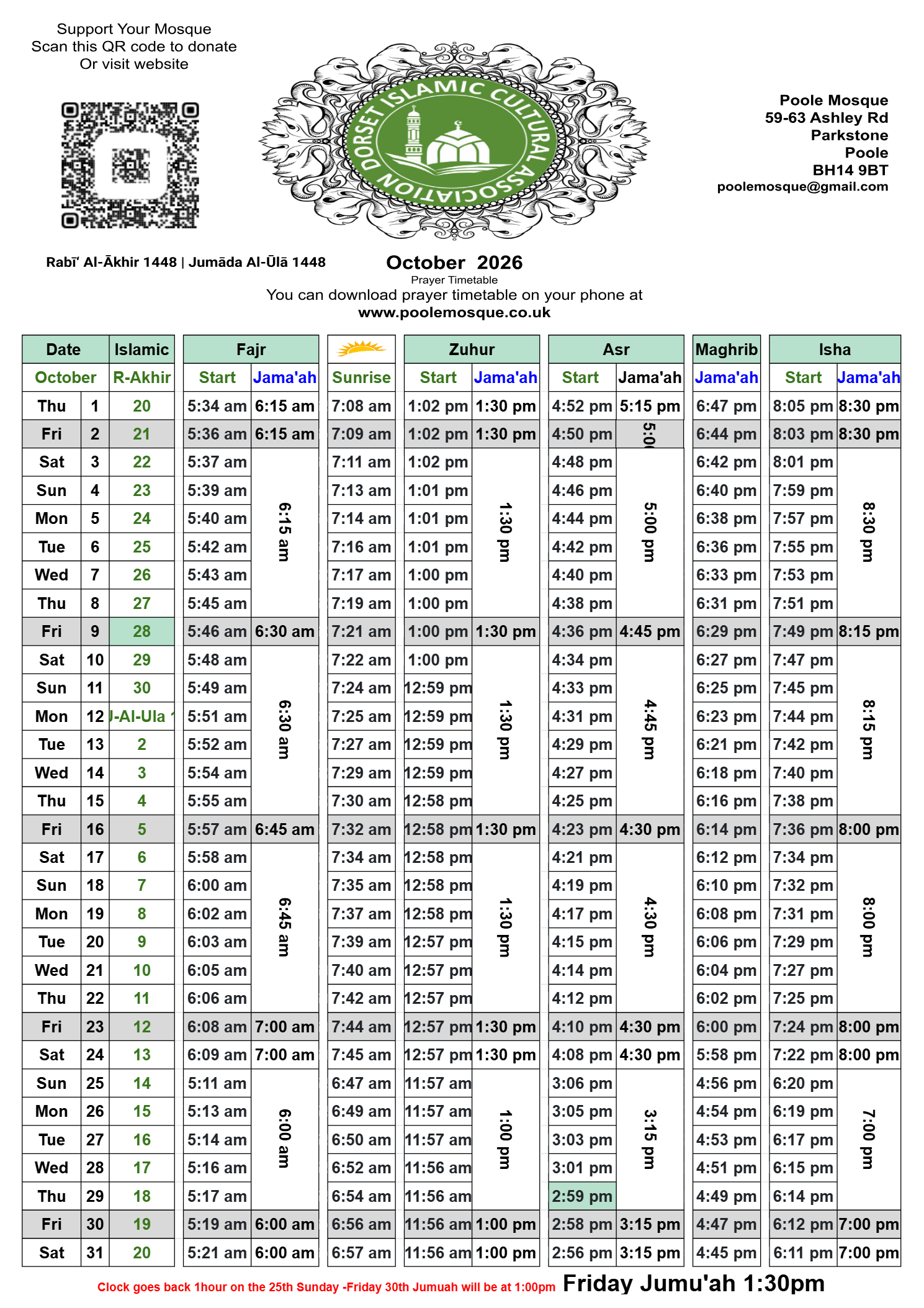 Timetable published by Poole Mosque for October 2026