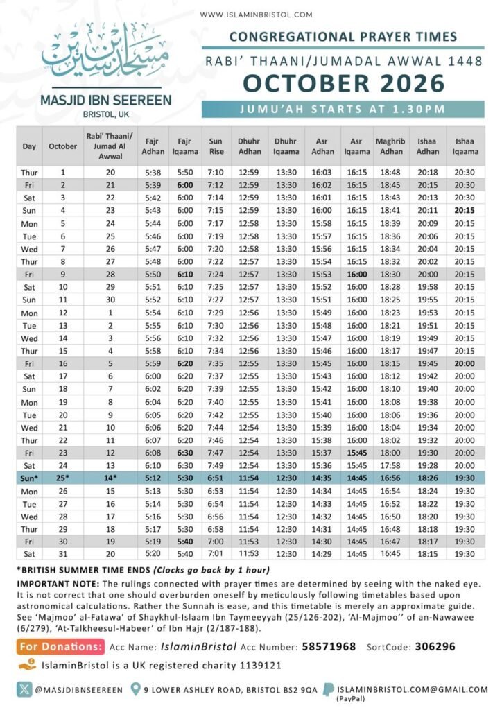 Timetable published by Masjid Ibn Seereen for October 2026