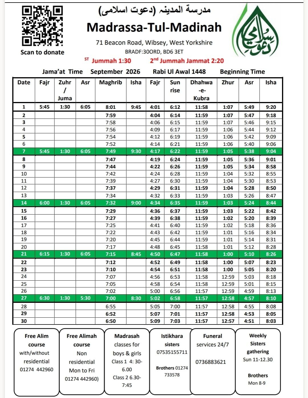 Timetable published by Faizan e Raza (Wibsey) for September 2026