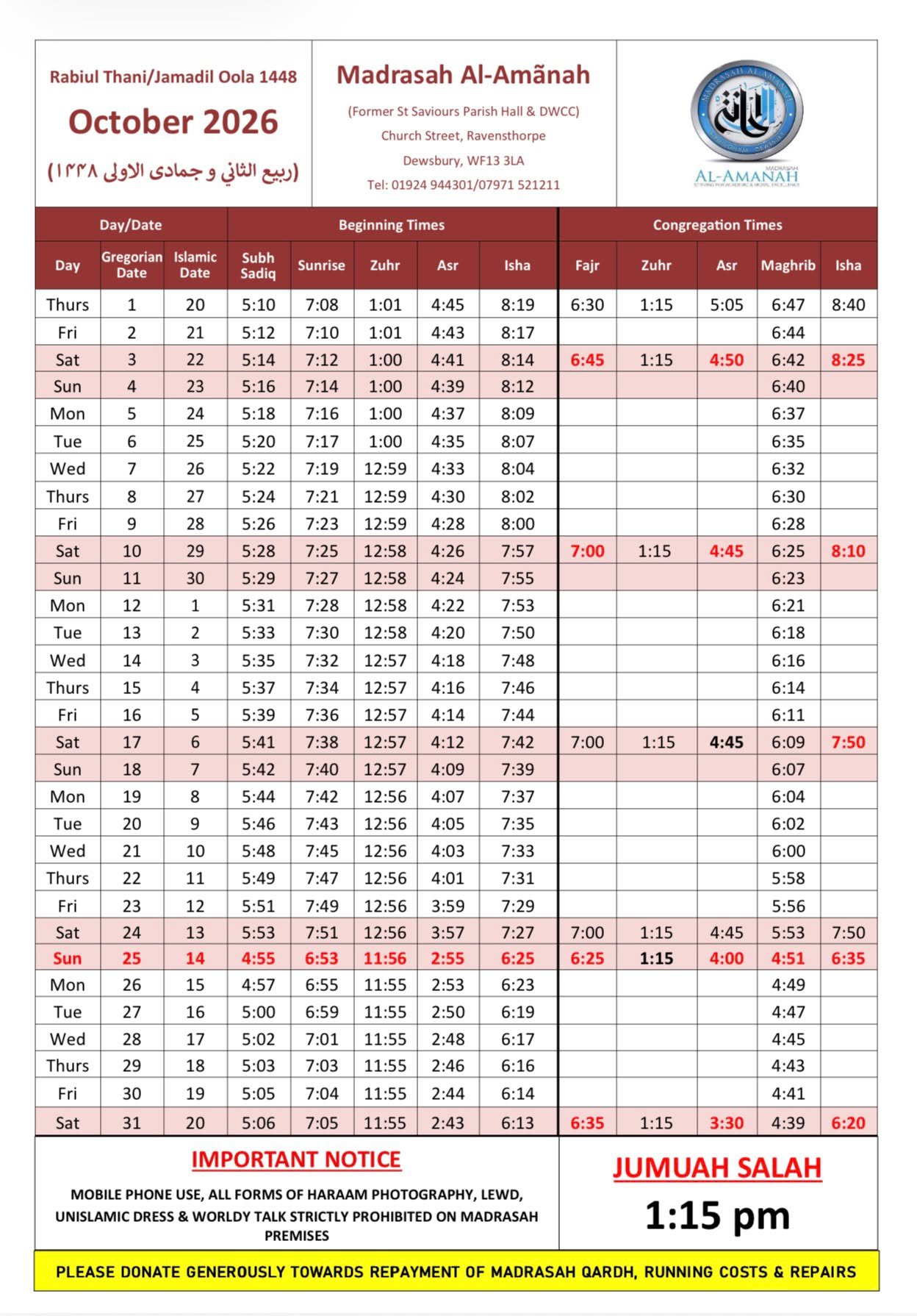 Timetable published by Madrasah Al-Amanah for October 2026