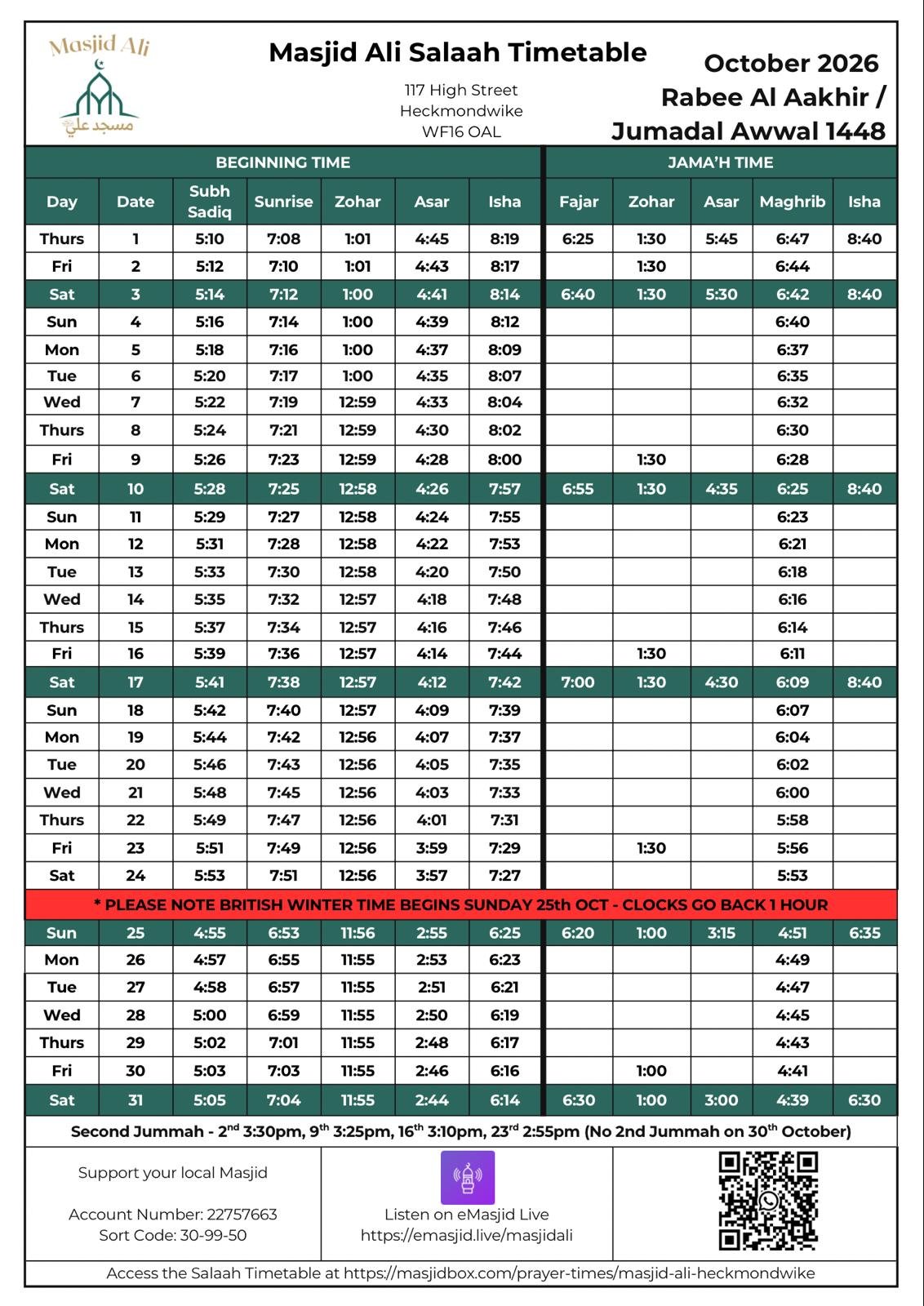 Timetable published by Masjid Ali for October 2026