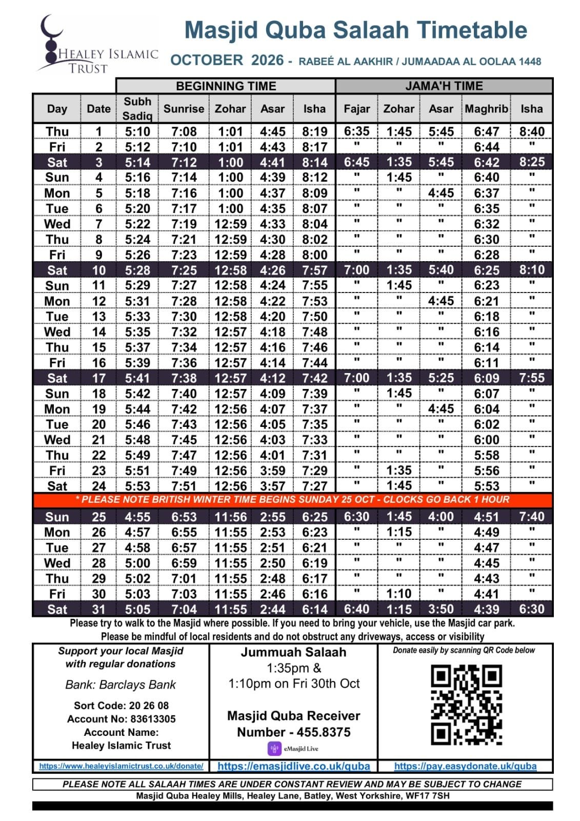 Timetable published by Masjid Quba for October 2026