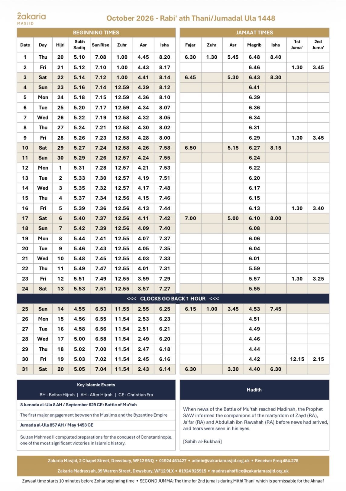 Timetable published by Zakaria Masjid for October 2026